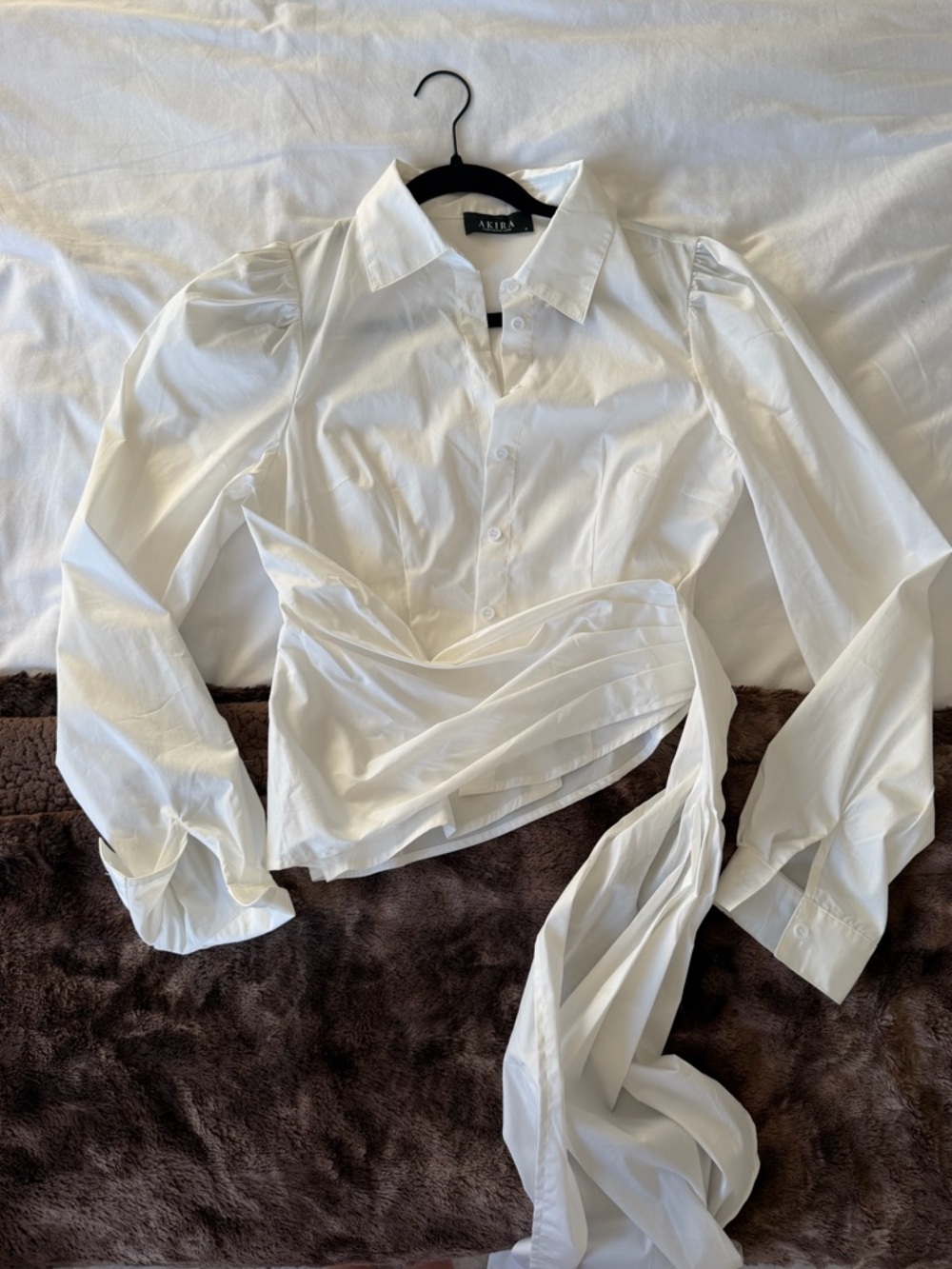 AKIRA White Wrap Tie Puff Sleeve Button-Down Shirt